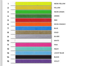Color chart for 25mm Tyvek wristbands displayed as strips. Overview of available shades with numbering. Manufacturer AMGS Group.