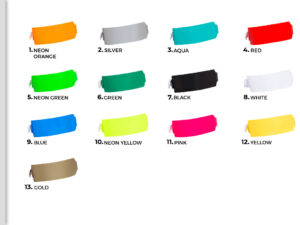 Color chart for 25mm wide vinyl wristbands. Display of 13 available colors for L-shape identification bands with extra print space. Manufacturer AMGS Group.