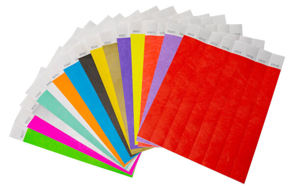 Fan of 25mm wide Tyvek wristbands in assorted colors. Identification bands with extra print space. Manufacturer AMGS Group.